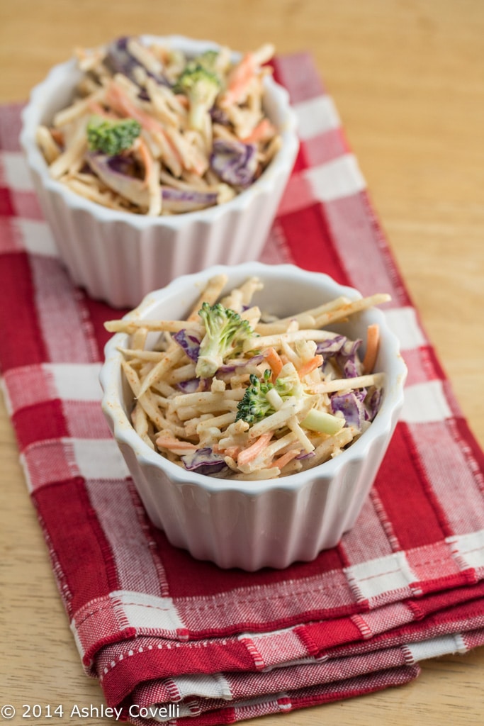 Ramekins of Rainbow Slaw with Smoked Paprika Mayo.