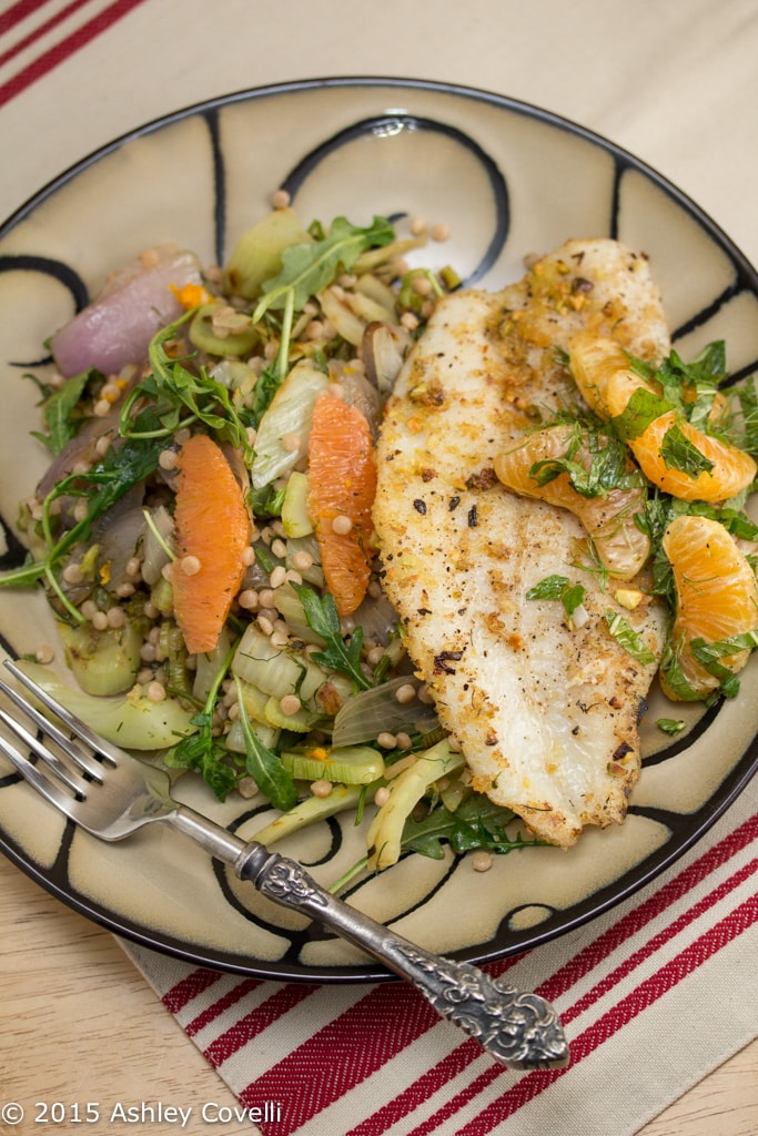 Pistachio-Crusted Catfish with Clementine Salad, Israeli Couscous & Roasted Fennel