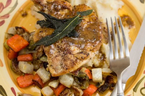 Chicken Charlemagne with Roasted Root Vegetables & Parsnip-Potato Mash