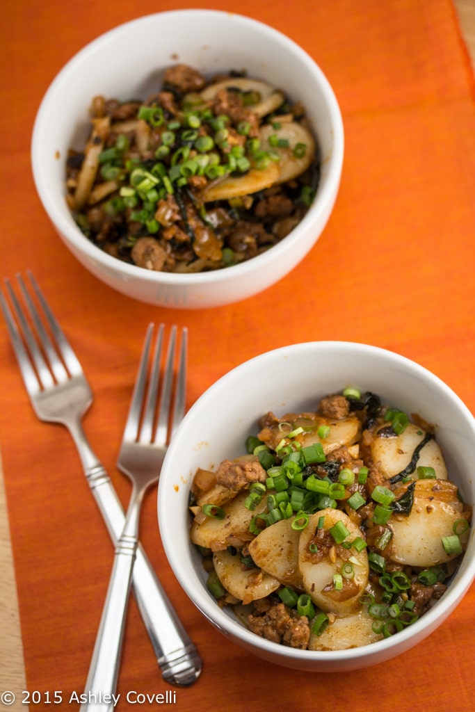 Korean-Style Tteok with Spicy Pork "Ragù" & Gai Lan