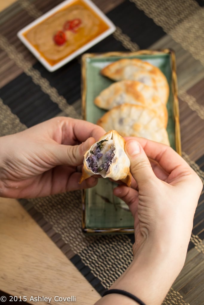 Baked Purple Yam + Sweet Potato Dumplings with Peanut Sauce