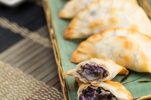 Baked Purple Yam + Sweet Potato Dumplings with Peanut Sauce