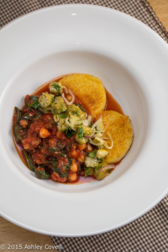 Chorizo & Chickpea Ragú with Crispy Polenta & Pickled Okra Bee Pollen Relish