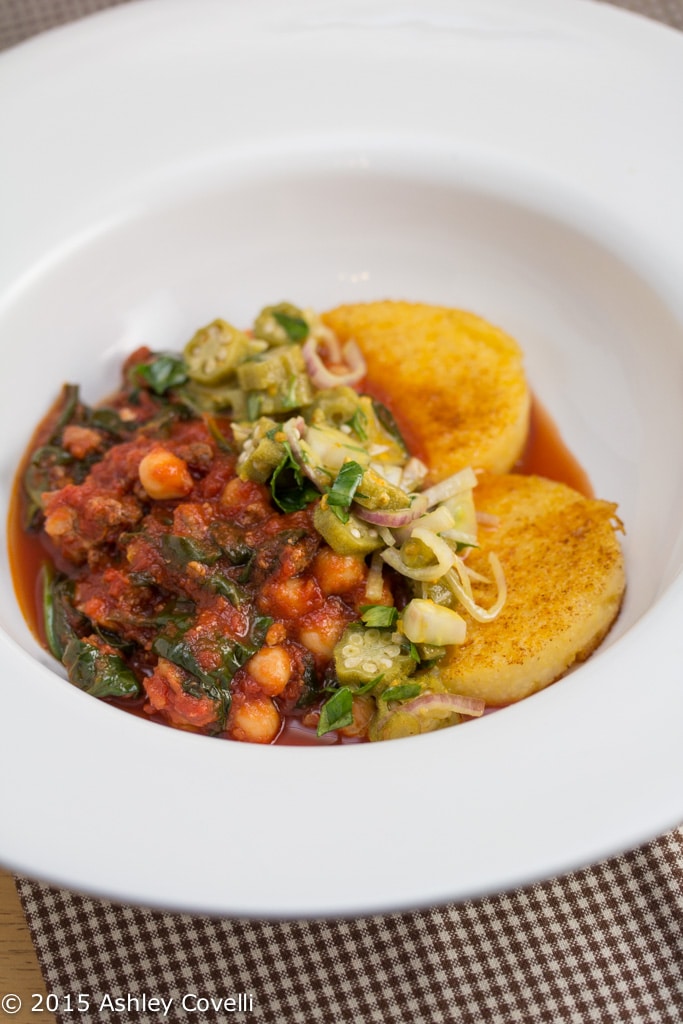 Chorizo & Chickpea Ragú with Crispy Polenta & Pickled Okra Bee Pollen Relish