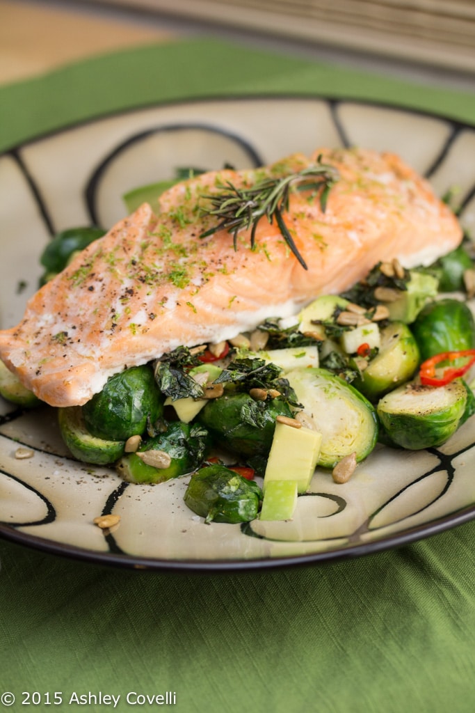 Slowly Cooked Salmon with Roasted Brussels Sprouts, Avocado & Apples