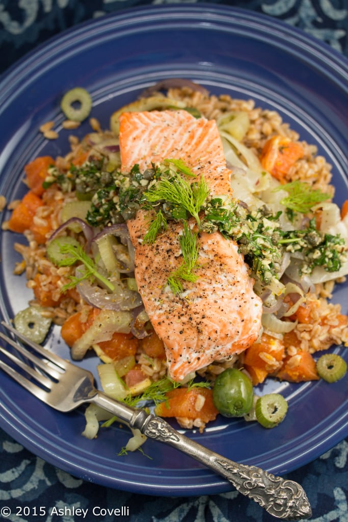 Roasted Salmon, Fennel & Castelvetrano Olives with Cara Cara Orange, Farro & Salsa Verde