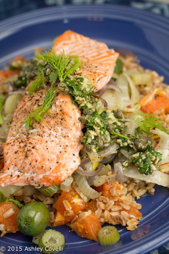 Roasted Salmon, Fennel & Castelvetrano Olives with Cara Cara Orange, Farro & Salsa Verde