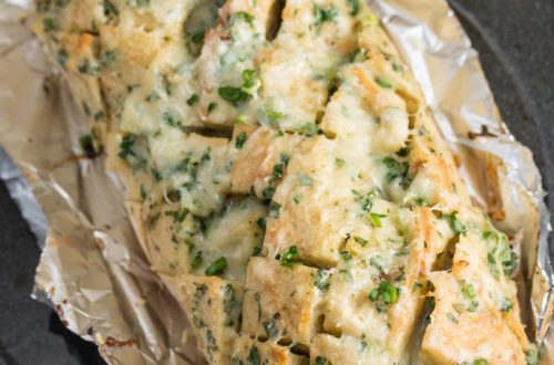 Overhead view of Roasted Garlic Gruyère Pull-Apart Bread.