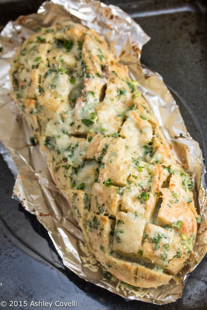 Overhead view of Roasted Garlic Gruyère Pull-Apart Bread.