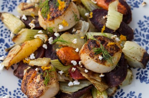 Smoky Seared Scallops With Roasted Fennel, Rainbow Carrots + Popped Sorghum