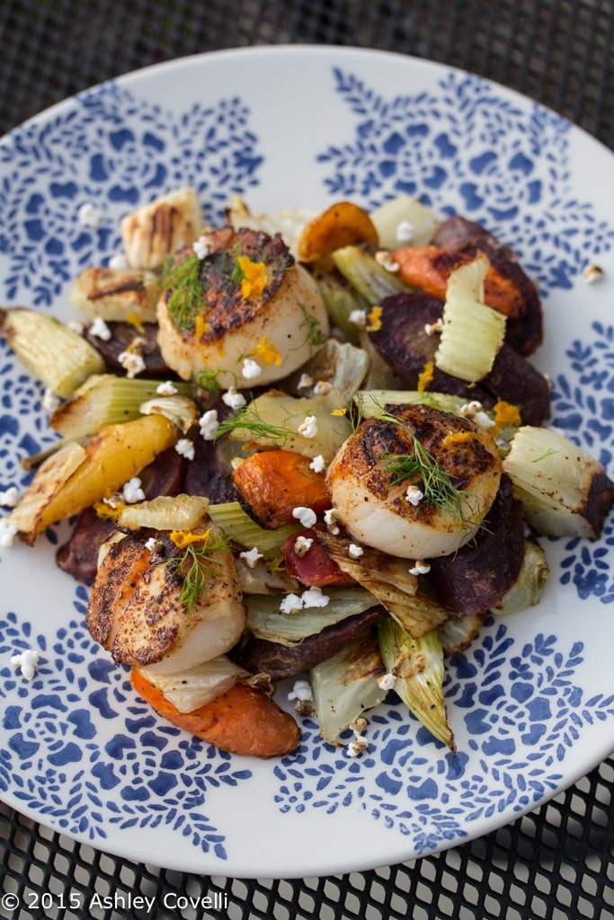 Smoky Seared Scallops With Roasted Fennel, Rainbow Carrots + Popped Sorghum