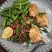Almond-Crusted Cod with Snap Peas & Radish-Red Quinoa Salad