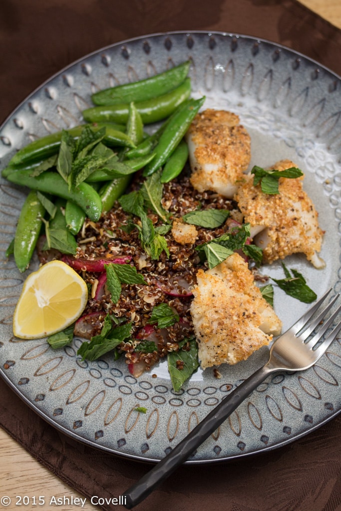 Almond-Crusted Cod with Snap Peas & Radish-Red Quinoa Salad