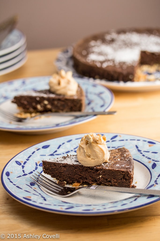 Aztec Torte with Honey Chipotle Cinnamon Mascarpone served on plates.