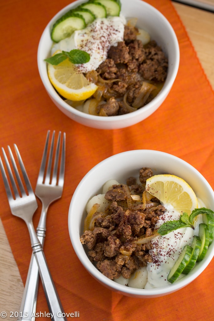 Tomato Achaar Spiced Lamb Over Gnocchi with Garlicky Mint Yogurt Sauce