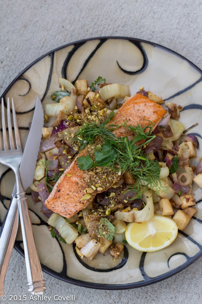 Dukkah-Spiced Salmon with Spring Vegetable & Oyster Mushroom Ragout