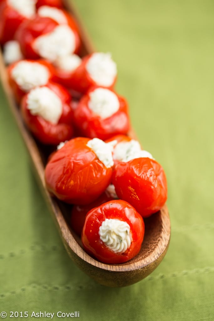 Tray of goat cheese stuffed peppadew peppers.