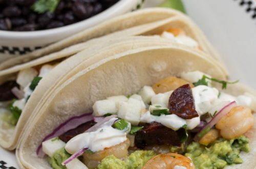 Prickly Pear-Marinated Shrimp Tacos with Honey-Glazed Chorizo & BBQ Crema
