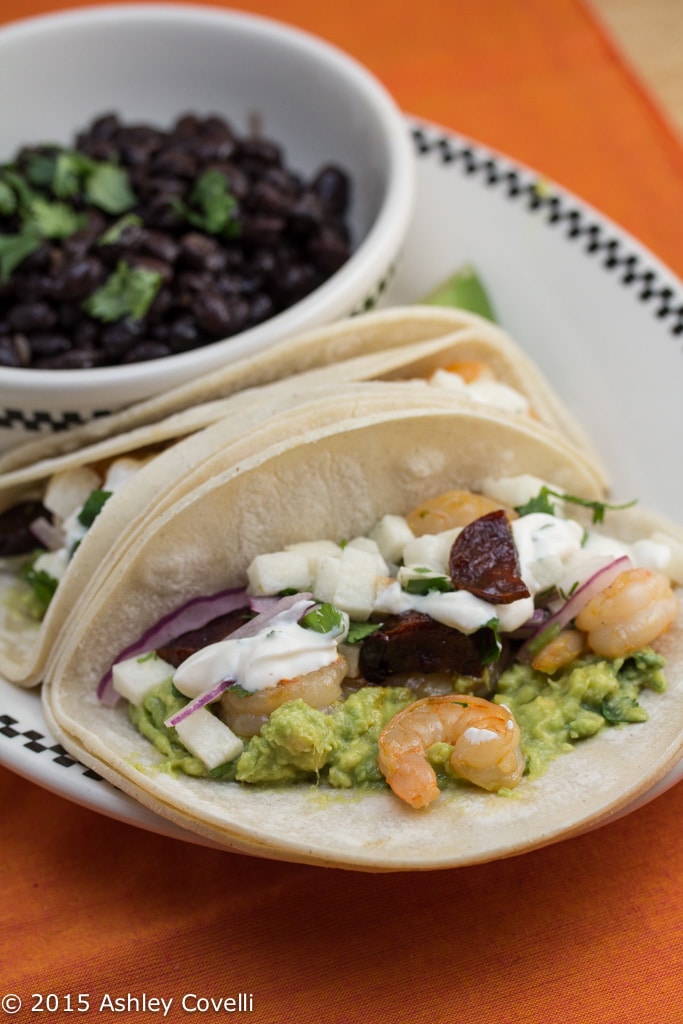 Prickly Pear-Marinated Shrimp Tacos with Honey-Glazed Chorizo & BBQ Crema