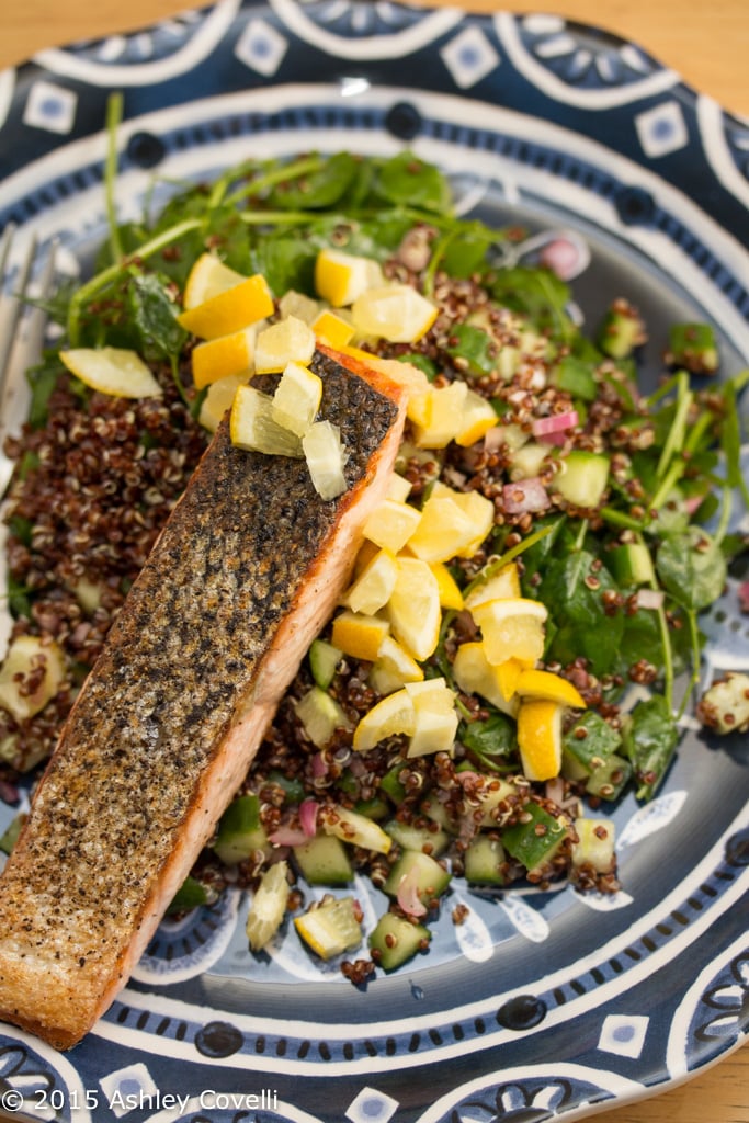 Seared Salmon & Preserved Lemon with Red Quinoa & Pea Shoots