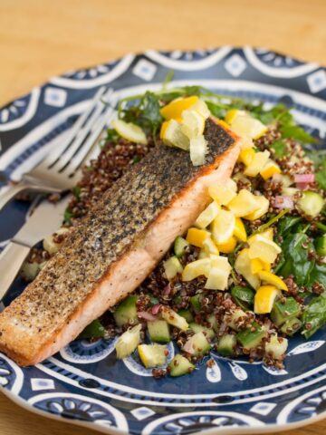 Seared Salmon & Preserved Lemon with Red Quinoa & Pea Shoots