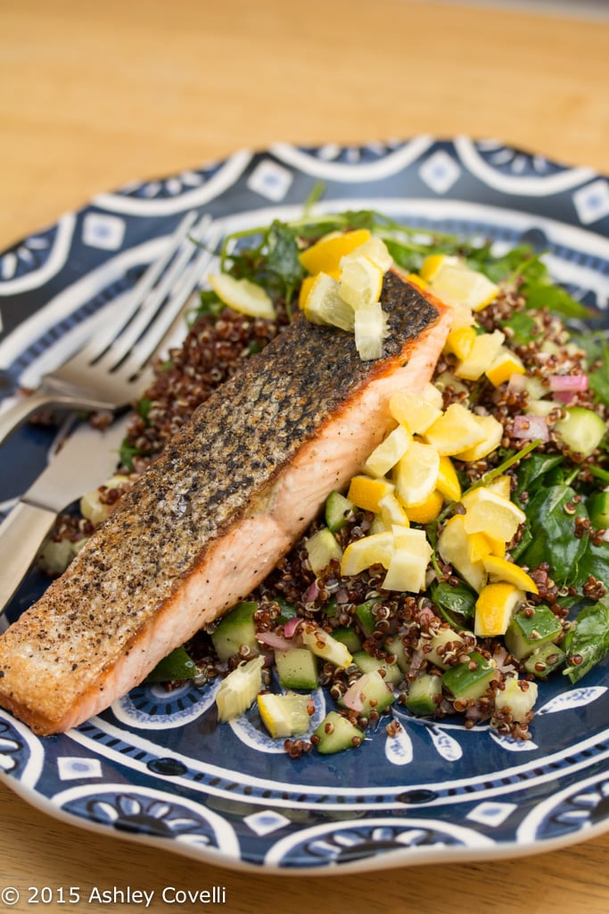 Seared Salmon & Preserved Lemon with Red Quinoa & Pea Shoots