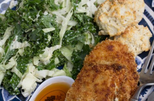 Buttermilk Fried Chicken with Kale-Cabbage Slaw & Biscuits