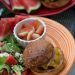 Grilled Cheeseburgers with Watermelon-Feta Salad & Pickled Watermelon Rind