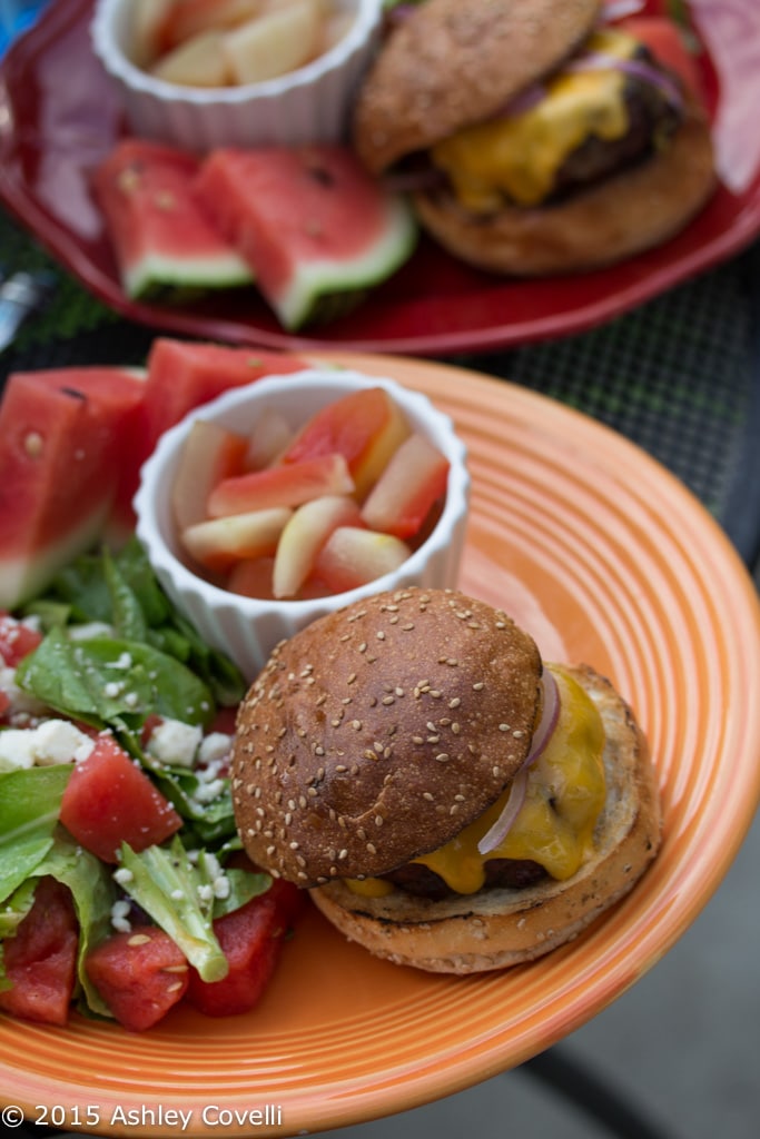 Grilled Cheeseburgers with Watermelon-Feta Salad & Pickled Watermelon Rind