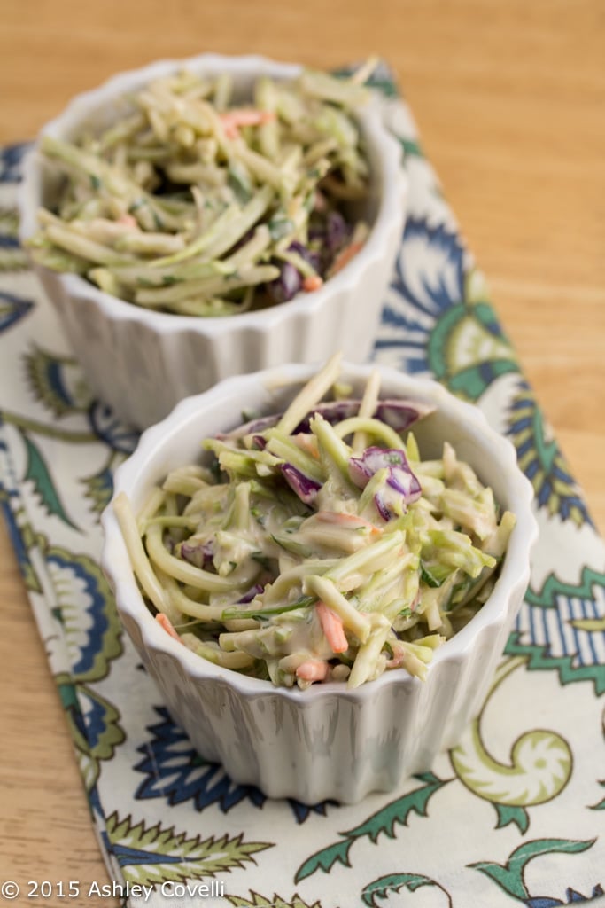 Two ramekins of Asian broccoli slaw.