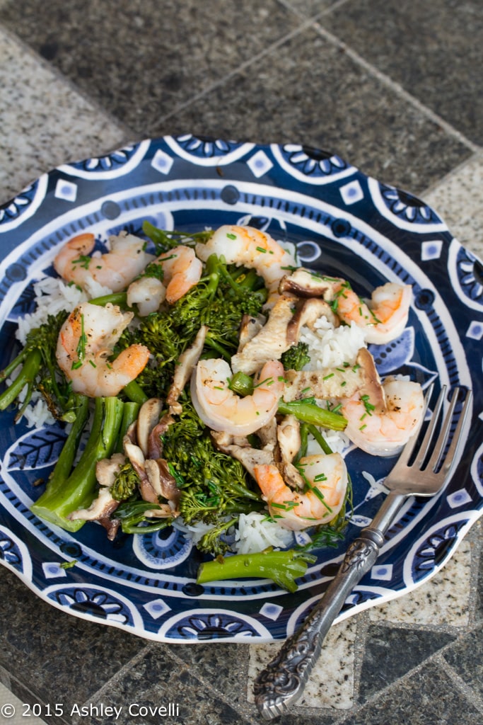 Roasted Shrimp with Mushrooms, Broccolini, and Foaming Chive Butter Sauce