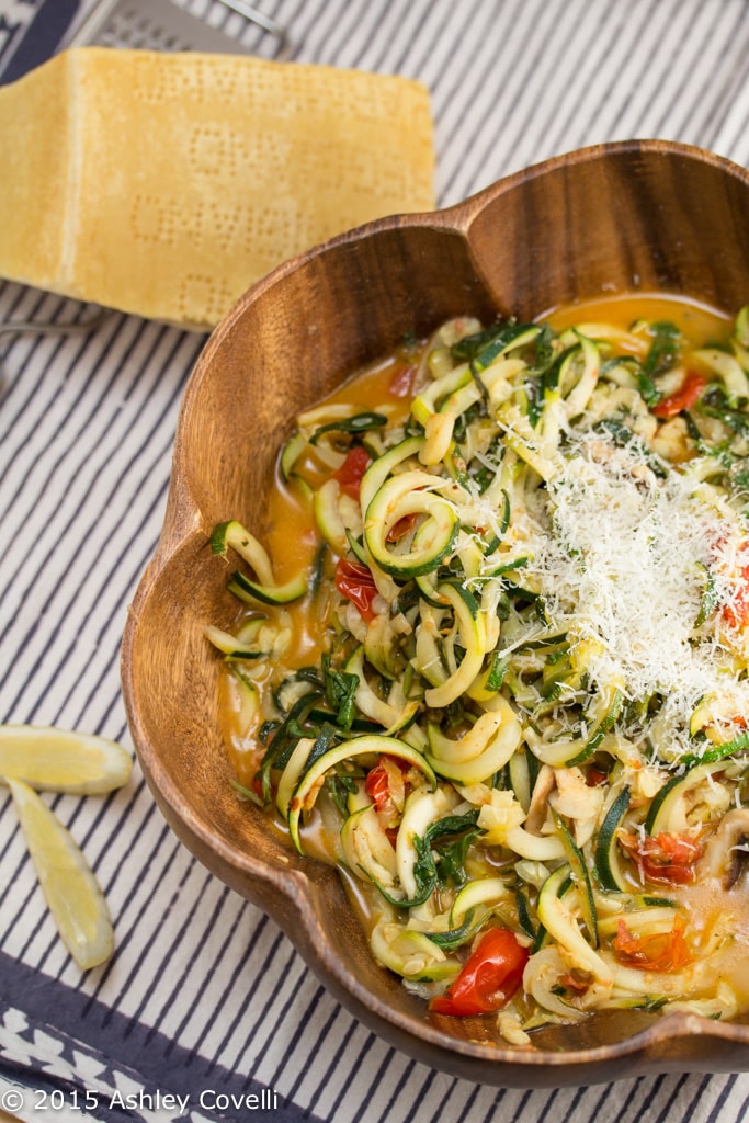 Garlicky Zoodles with Lemon, Tomatoes + Greens