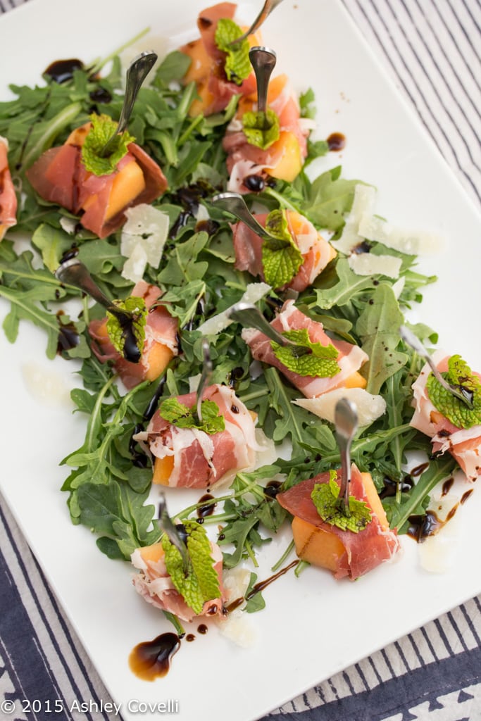 Prosciutto Wrapped Melon Bites with Mint + Aged Balsamic