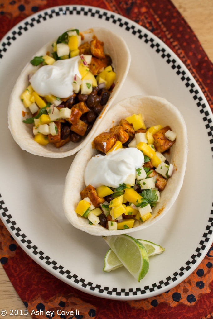 Tofu & Black Bean Taco Boats w Jicama Mango Salsa