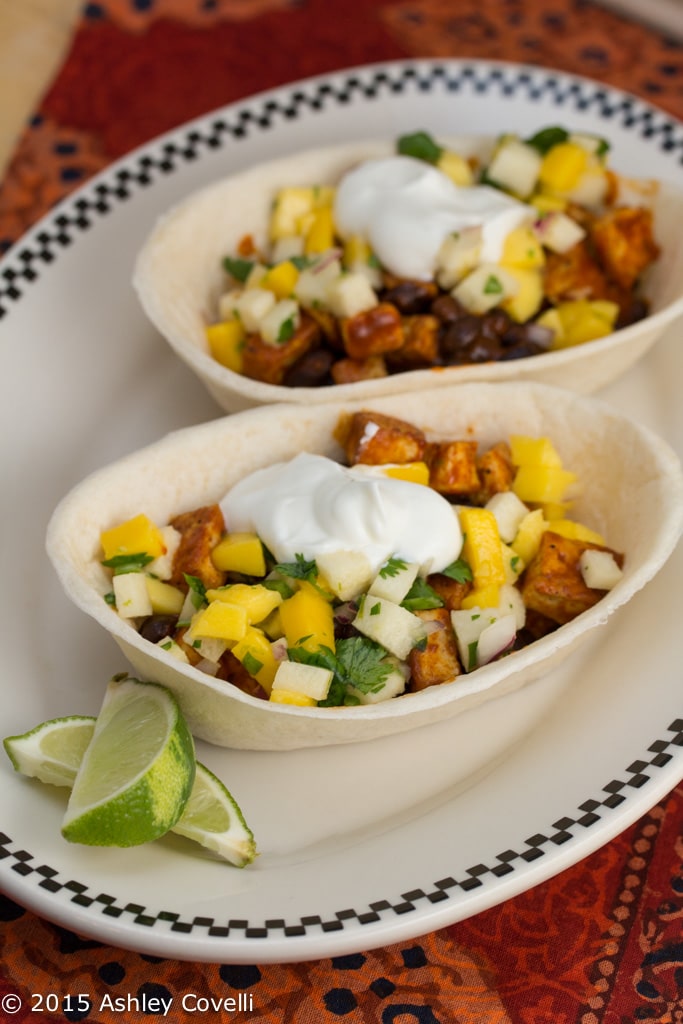 Tofu & Black Bean Taco Boats w Jicama Mango Salsa