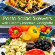 Ingredients and a dish of assembled pasta salad skewers.