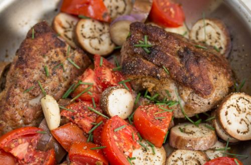 Pan Roasted Pork Tenderloin w Fairy Tale Eggplant & Tomatoes