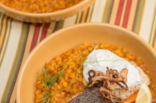 Crispy Skinned Salmon Over Red Lentils with Caper Dill Yogurt Sauce