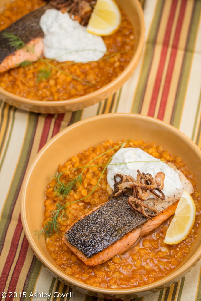 Crispy Skinned Salmon Over Red Lentils with Caper Dill Yogurt Sauce