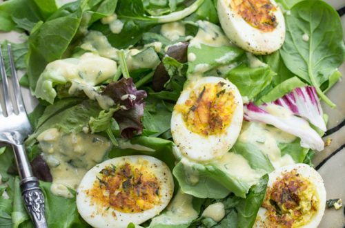 Pan-Crisped Deviled Eggs on French Lettuces