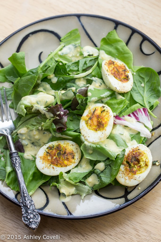 Pan-Crisped Deviled Eggs on French Lettuces