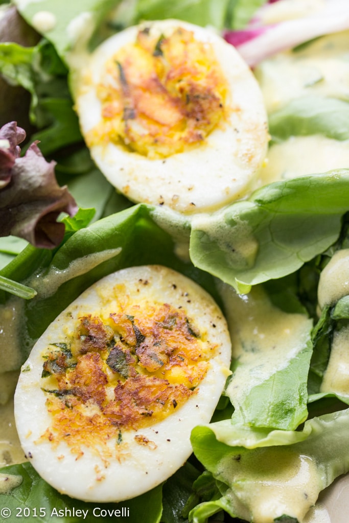 Pan-Crisped Deviled Eggs on French Lettuces