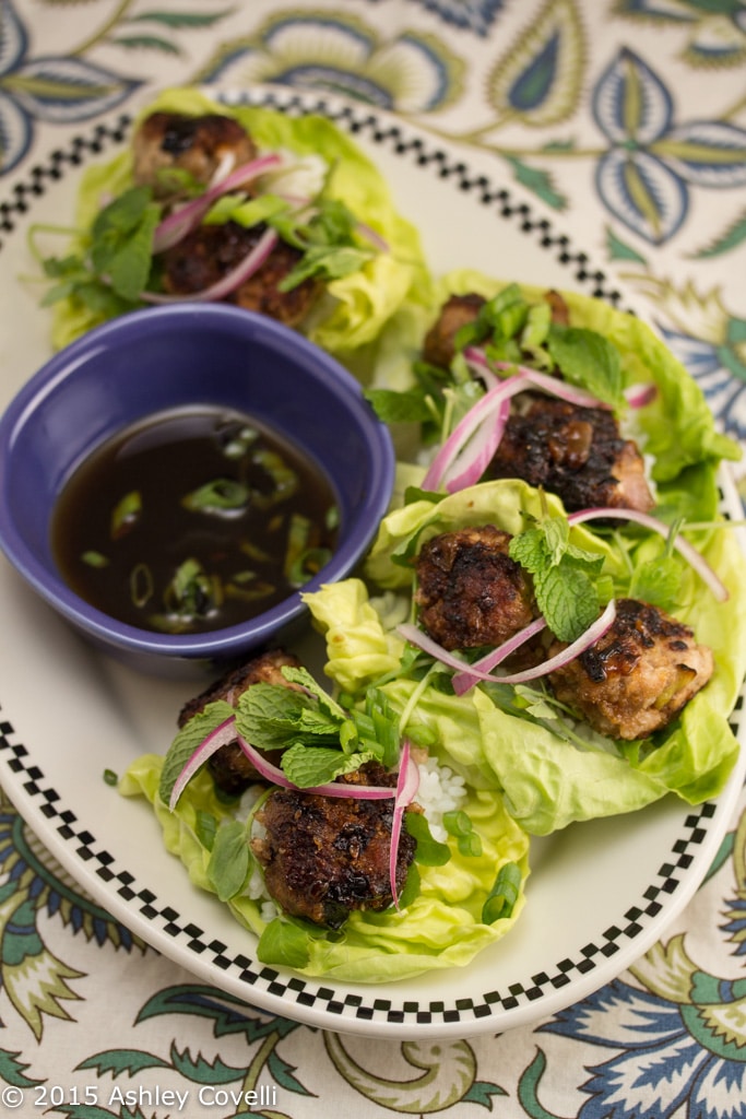 Pork Meatballs in Butter Lettuce Cups with Soy Dipping Sauce & Sticky Rice