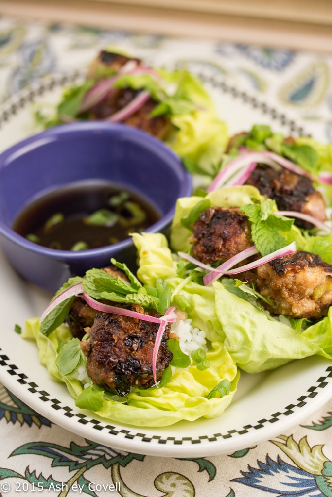 Pork Meatballs in Butter Lettuce Cups with Soy Dipping Sauce & Sticky Rice