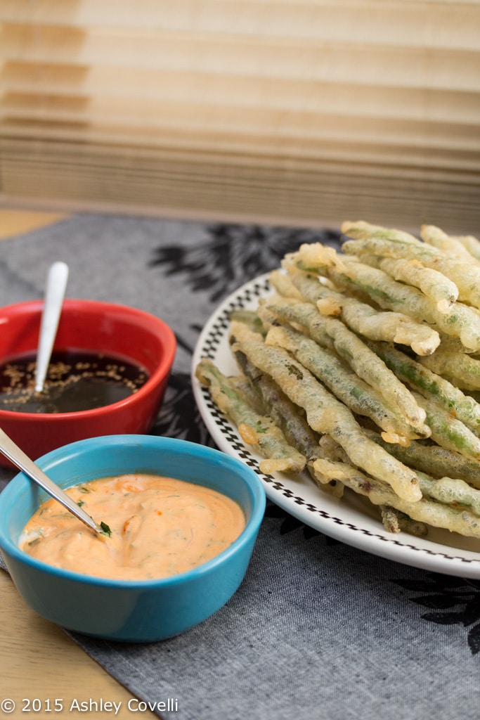 Tempura Green Beans with Sriracha Aioli + Soy Ginger Dipping Sauces