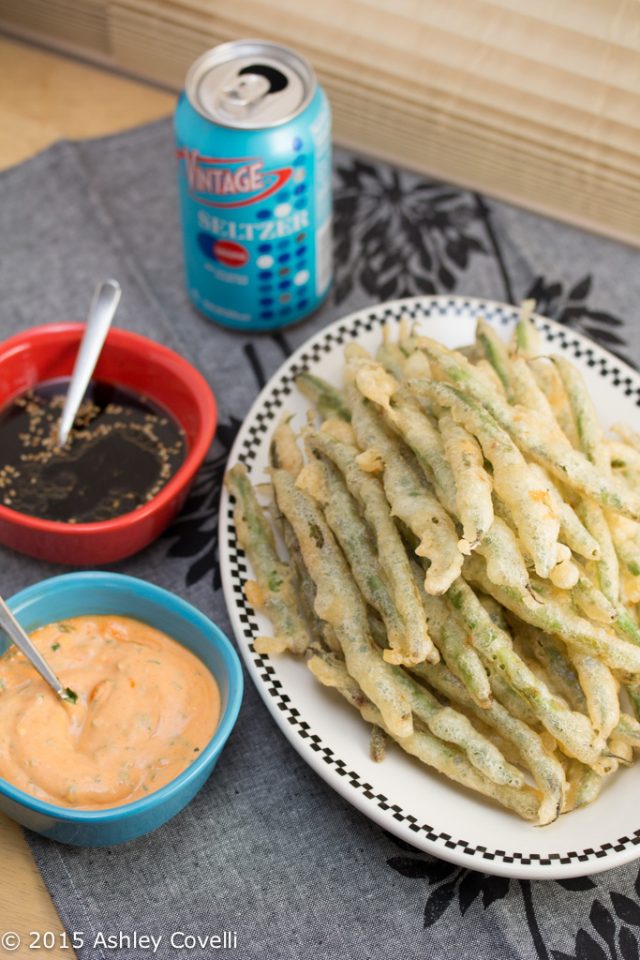 Tempura Green Beans with Sriracha Aioli + Soy Ginger Dipping Sauces