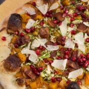 Maple Roasted Butternut Squash Pizza with Brussels Sprouts, Bacon + Pomegranate