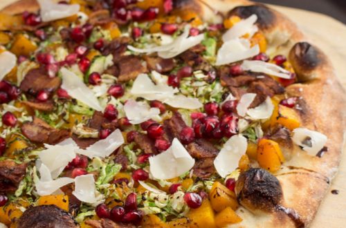 Maple Roasted Butternut Squash Pizza with Brussels Sprouts, Bacon + Pomegranate