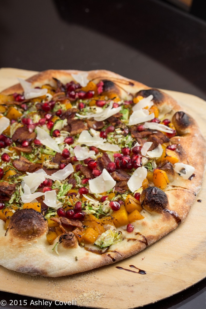 Maple Roasted Butternut Squash Pizza with Brussels Sprouts, Bacon + Pomegranate