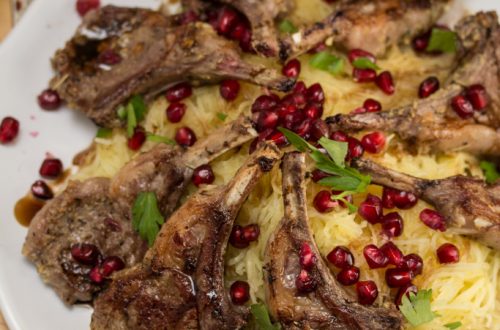 Pan-Seared Lamb Chops Over Roasted Spaghetti Squash w Pomegranate + Aged Balsamic
